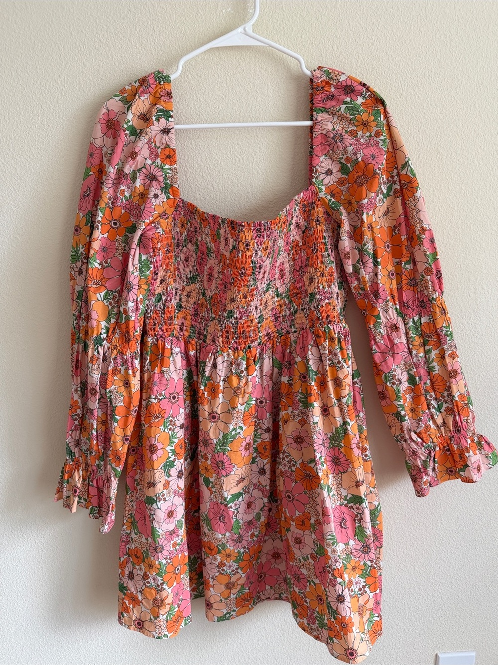 Giani Bini Floral Smocked Square-Neck Mini Dress in Pink & Orange